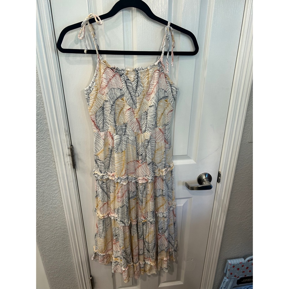 Sim & Sam Midi Dress White Tropical Leaf Tiered Ruffle Smocked Boho Summer L